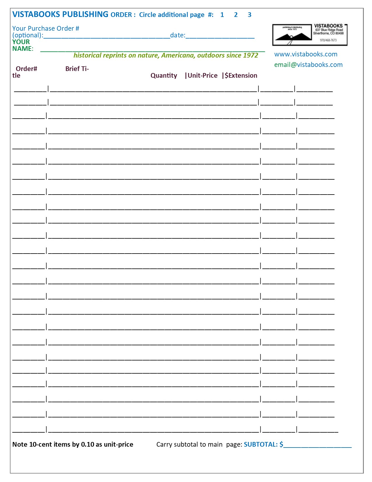VistaBooks Outlet order form add pg